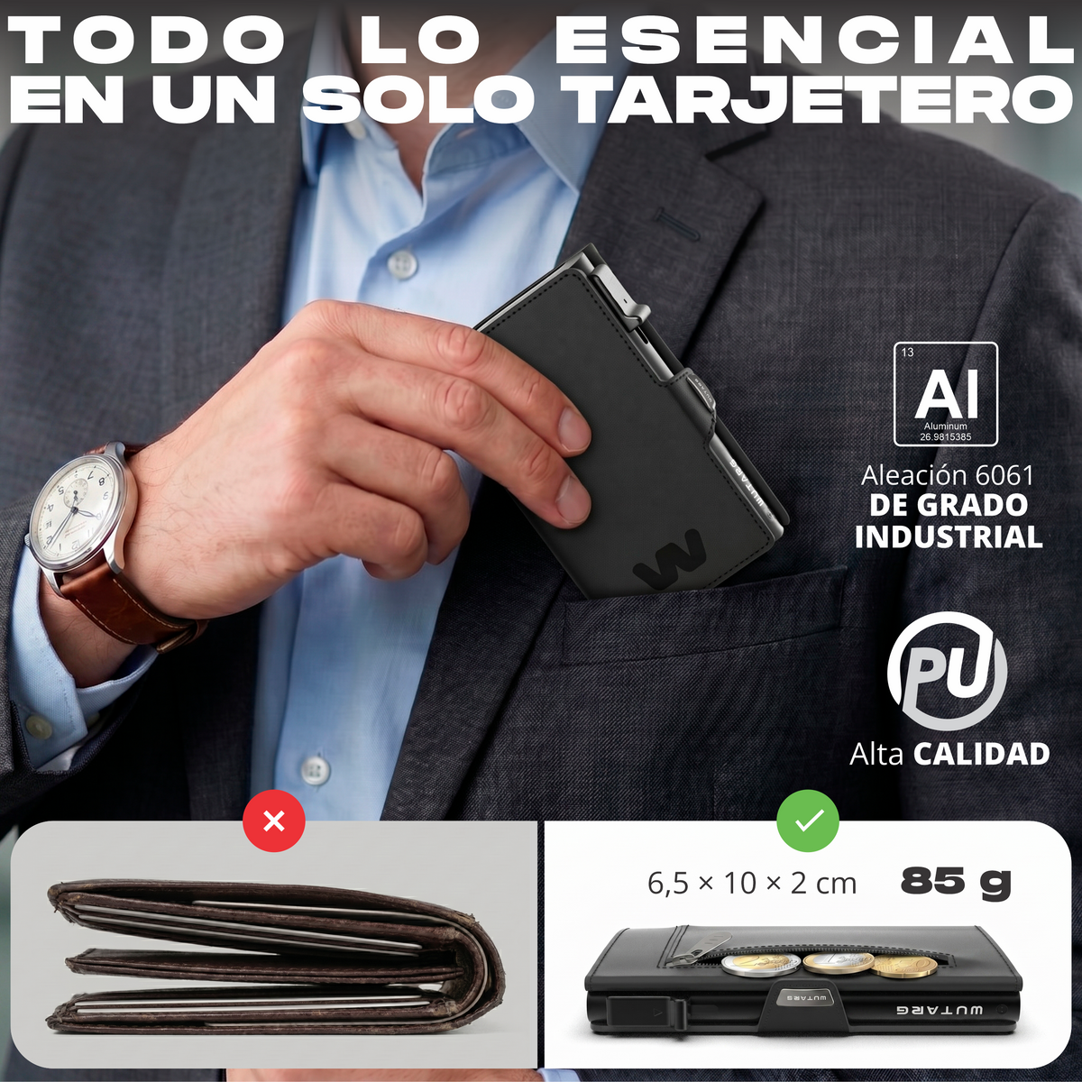 Tarjetero WUTARG Classic Series | RFID · Pop-up escalonado · Cremallera para monedas