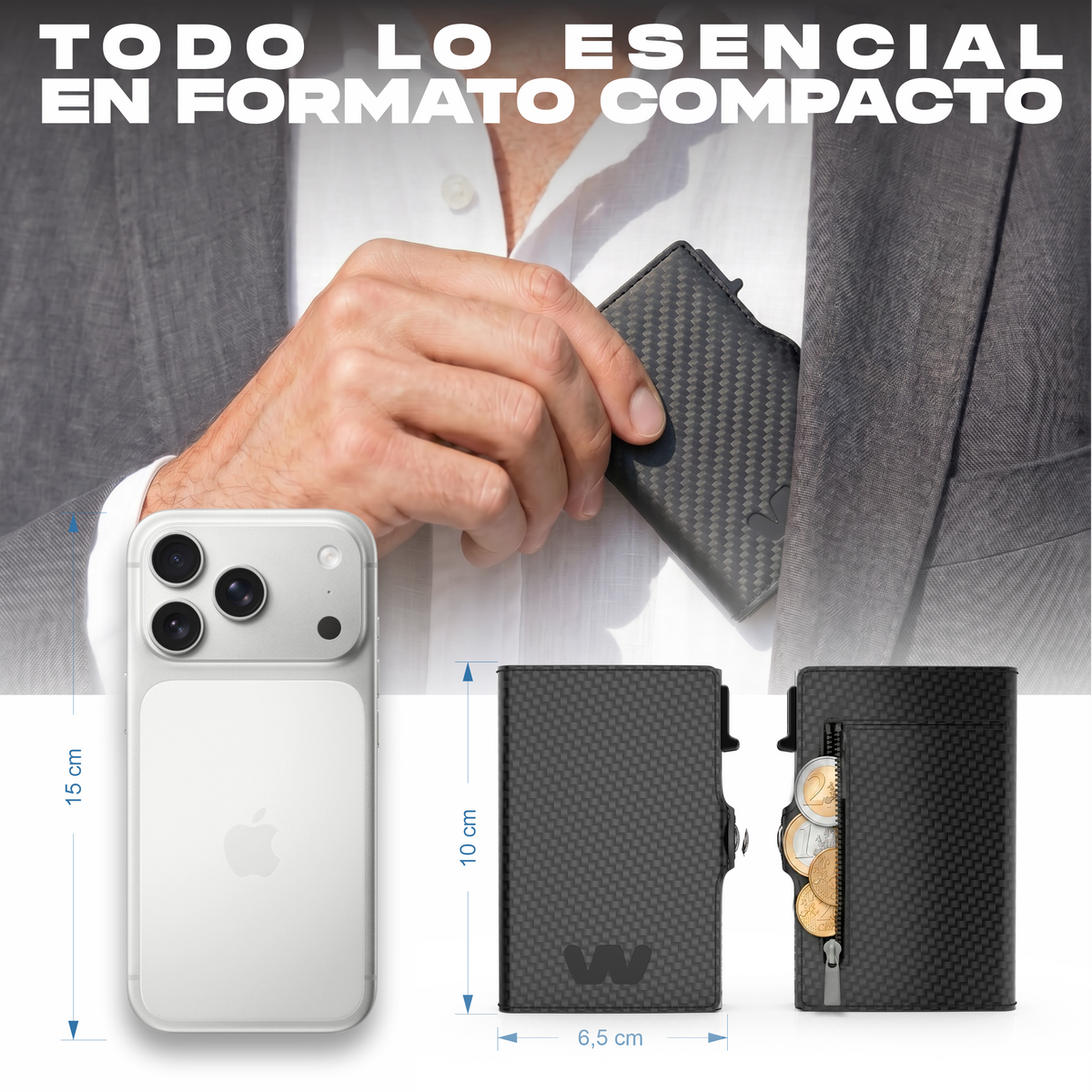 Tarjetero WUTARG Flex Series | Cuero PU · RFID · Pop-up · Cremallera · Compacta