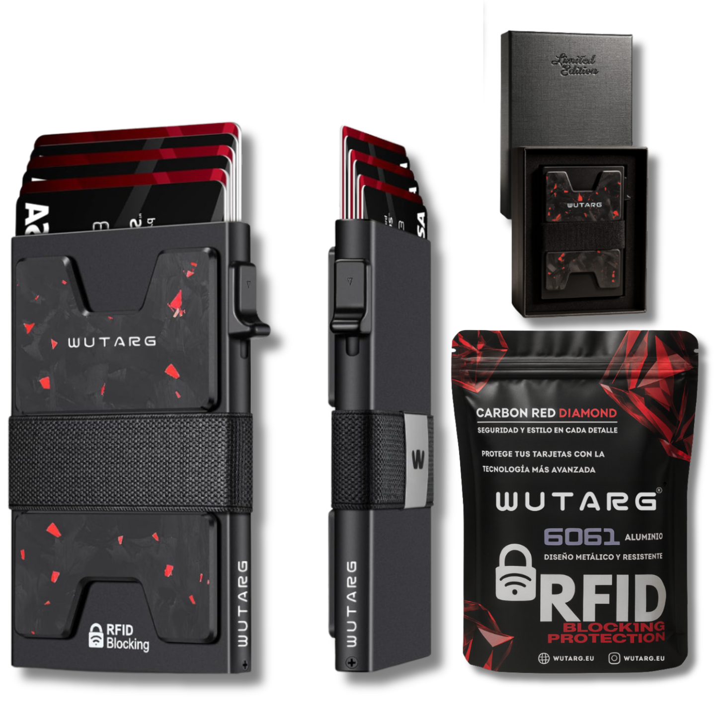 Tarjetero WUTARG Carbon Red Diamond | Aluminio 6061 con Protección RFID