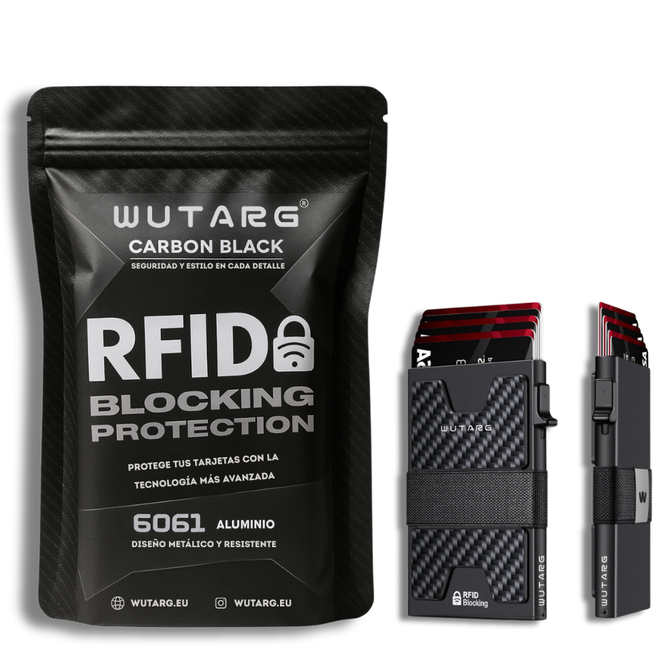 Tarjetero WUTARG Carbon Black | Aluminio 6061 con textura de carbono y Protección RFID