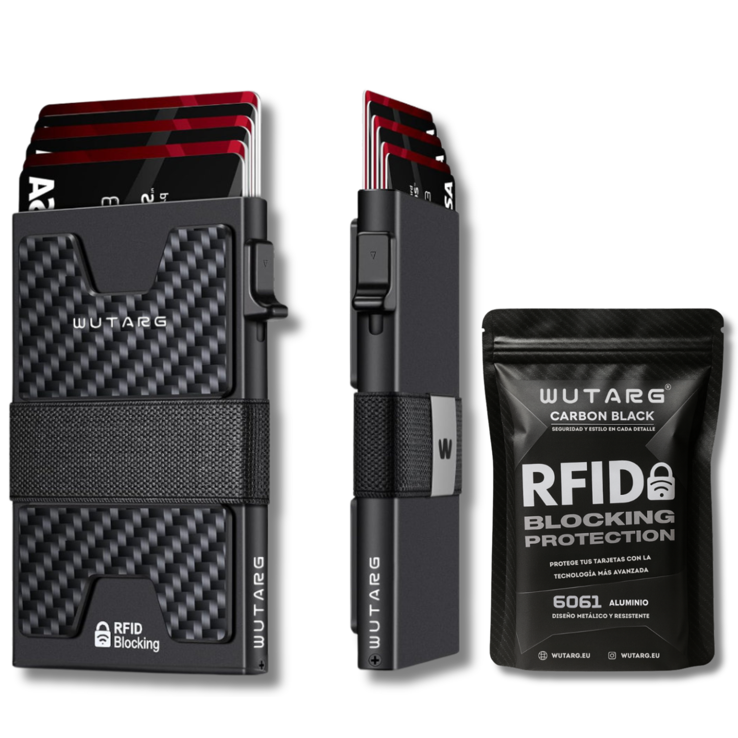 Tarjetero WUTARG Carbon Black | Aluminio 6061 con textura de carbono y Protección RFID