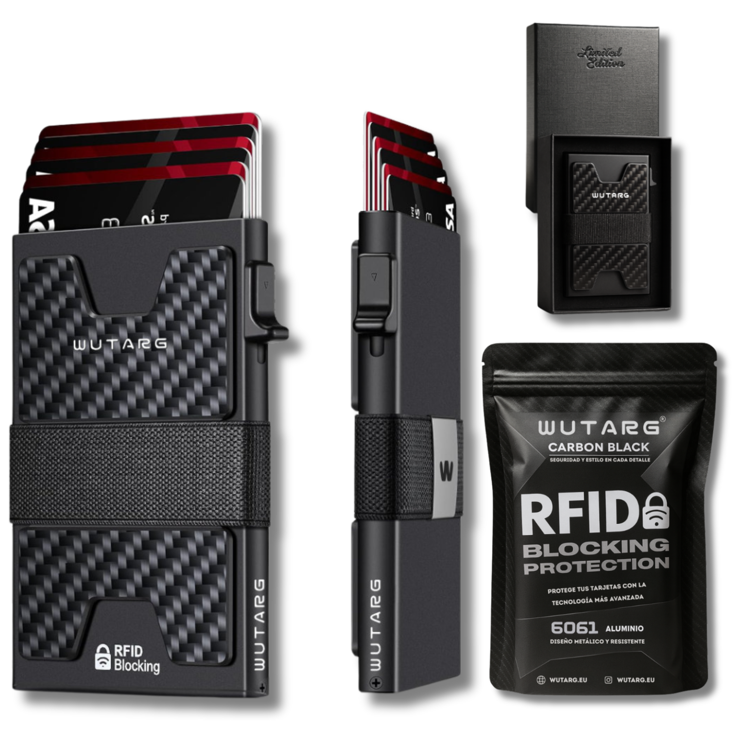 Tarjetero WUTARG Carbon Black | Aluminio 6061 con textura de carbono y Protección RFID